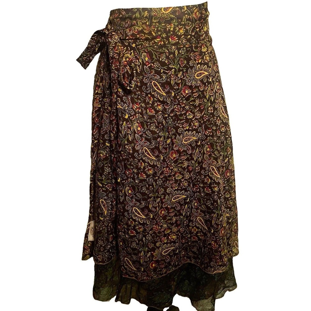 VTG Kariza silk wrap reversible earthy boho fairycore midi magic skirt layered